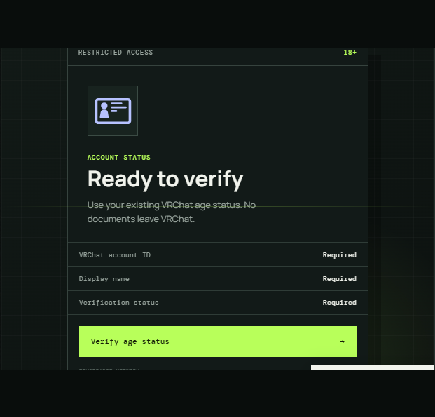 TrustBadge age verification panel shown inside a VRChat world